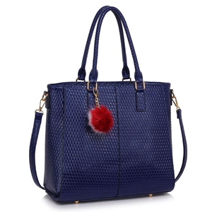 Picture of Xardi London Navy Sofya Pom Pom Patent Leather Grab Bags