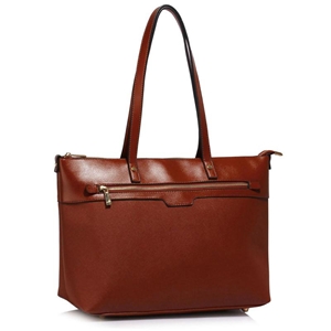 Picture of Xardi London Brown Extra Large Plain Zip Tote Faux Leather Grab Handbag