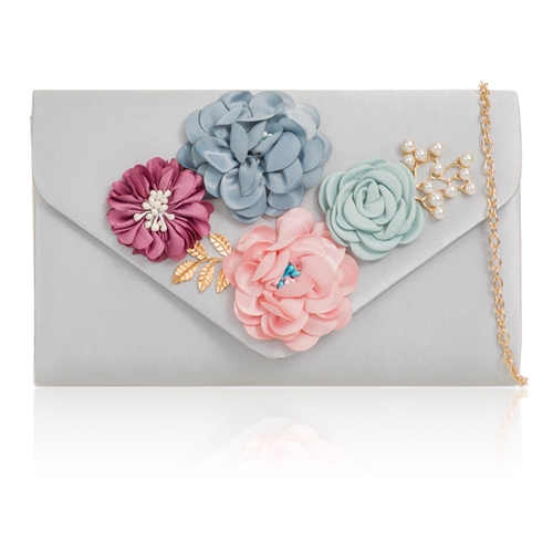 Picture of Xardi London Silver Duchess Satin Floral Wedding Clutch Bag