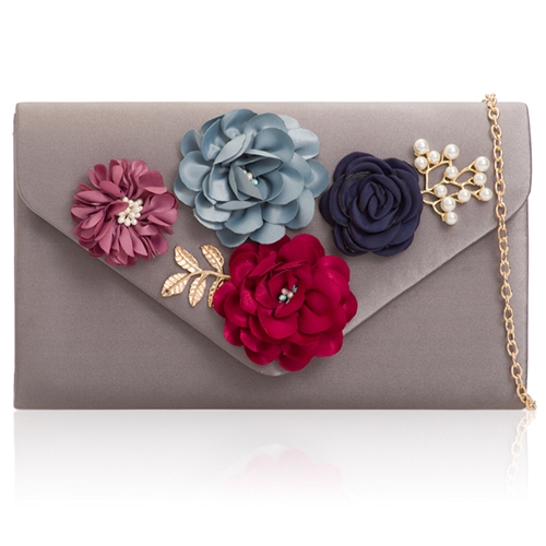 Picture of Xardi London Grey Duchess Satin Floral Wedding Clutch Bag