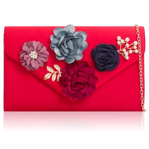 Picture of Xardi London Red Duchess Satin Floral Wedding Clutch Bag