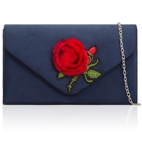 Picture of Xardi London Navy Pom Pom Floral Faux Suede Clutch Bag