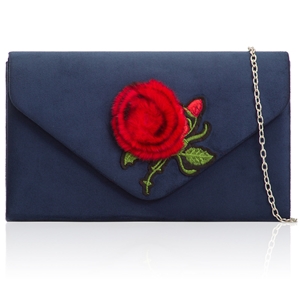 Picture of Xardi London Navy Pom Pom Floral Faux Suede Clutch Bag