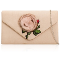 Picture of Xardi London Nude Pom Pom Floral Faux Suede Clutch Bag