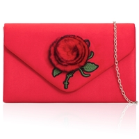 Picture of Xardi London Red Pom Pom Floral Faux Suede Clutch Bag