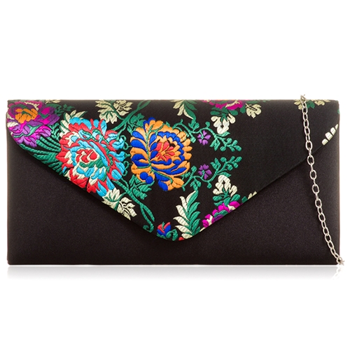 Picture of Xardi London Black Satin Embroidered Floral Envelope Bridal Bag