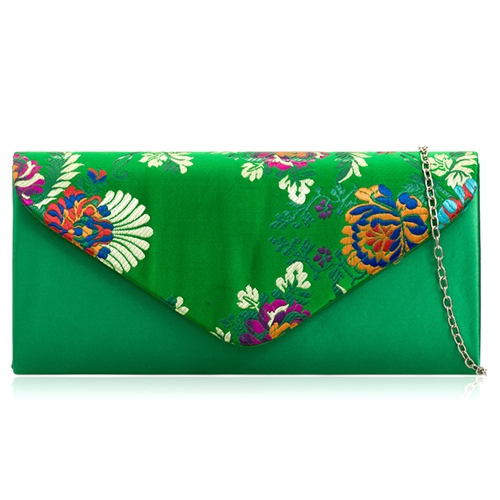 Picture of Xardi London Green Satin Embroidered Floral Envelope Bridal Bag