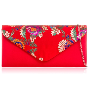 Picture of Xardi London Red Satin Embroidered Floral Envelope Bridal Bag