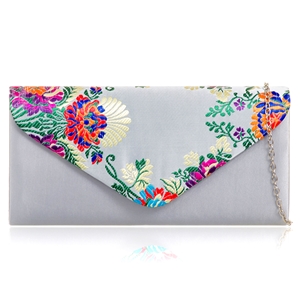 Picture of Xardi London Silver Satin Embroidered Floral Envelope Bridal Bag