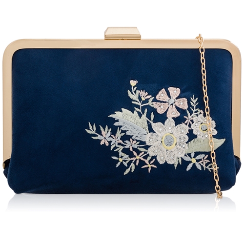 Picture of Xardi London Navy Suede Floral Embroidered Frame Clutch