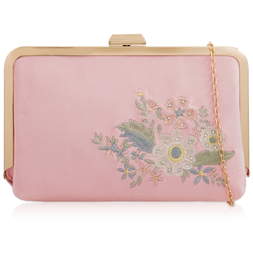 Picture of Xardi London Pink Suede Floral Embroidered Frame Clutch