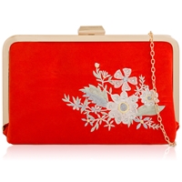 Picture of Xardi London Scarlet Suede Floral Embroidered Frame Clutch