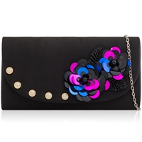 Picture of Xardi London Black Satin Pearl Sequin Floral Clutch