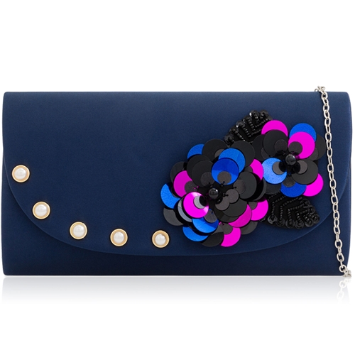 Picture of Xardi London Navy Satin Pearl Sequin Floral Clutch