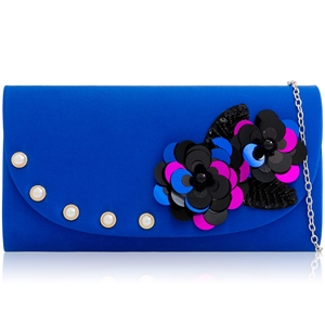 Picture of Xardi London Royal Blue Satin Pearl Sequin Floral Clutch