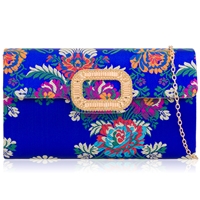 Picture of Xardi London Royal Blue Jewel Brooch Satin Floral Clutch Bag 