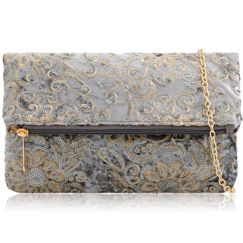 Picture of Xardi London Grey Velvet Sequin Fold-Over Embroidered Clutch