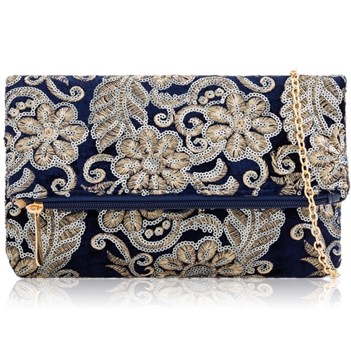 Picture of Xardi London Navy Velvet Sequin Fold-Over Embroidered Clutch