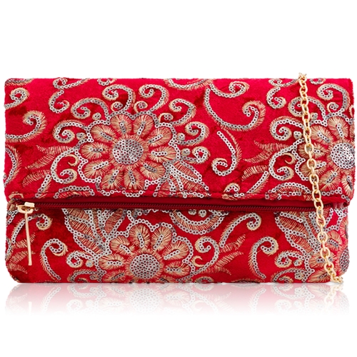 Picture of Xardi London Red Velvet Sequin Fold-Over Embroidered Clutch