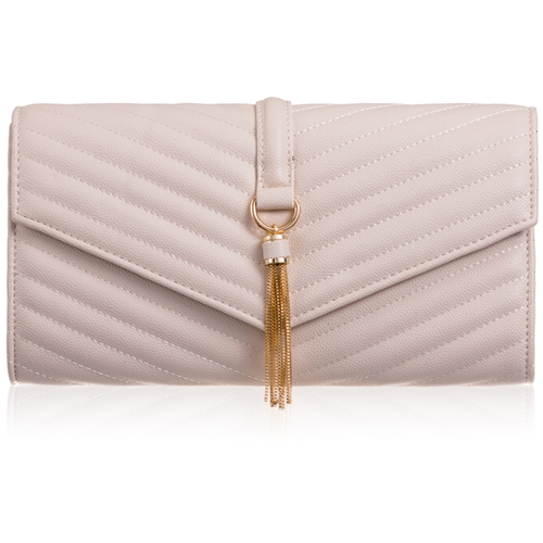 Picture of Xardi London Beige Large Quilted Tassel Clutch Bag